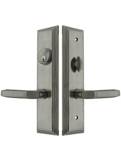Manhattan F20 Function Mortise Lock Entryset in Antique Pewter with Left Hand Milano Levers, and Stop/Release Buttons.